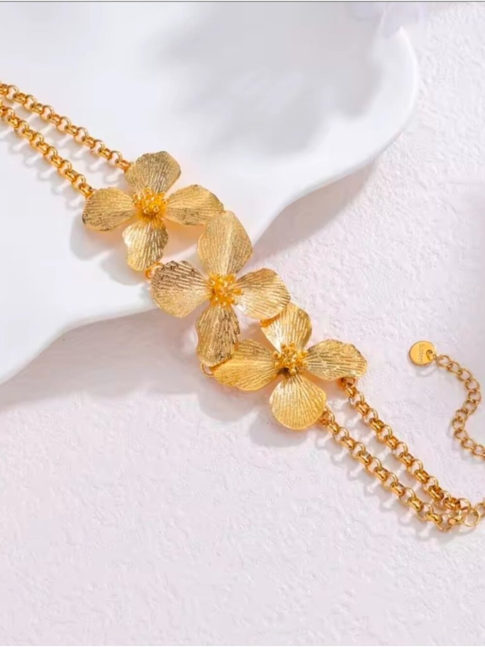 Gold Floral Triple-Chain Bracelet